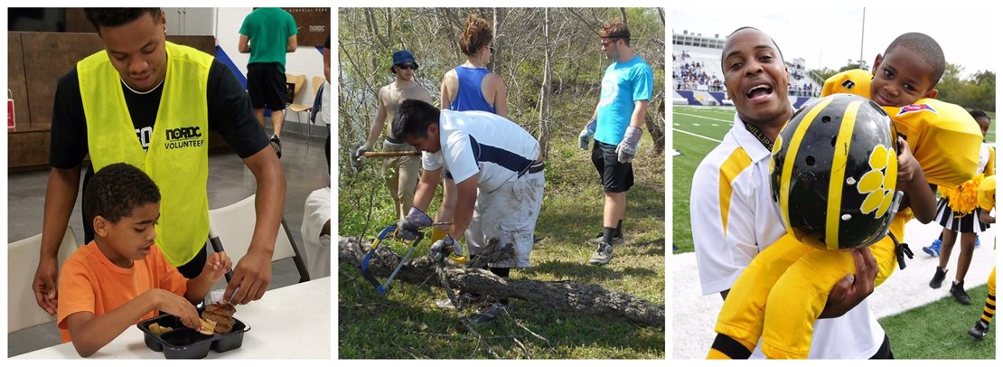 NORDC volunteers in a trip-tic of images: one providing a meal for youth, one helping youth plant trees, and one holding a youth football player